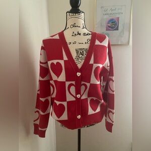 Red and White Heart Pattern Cardigan